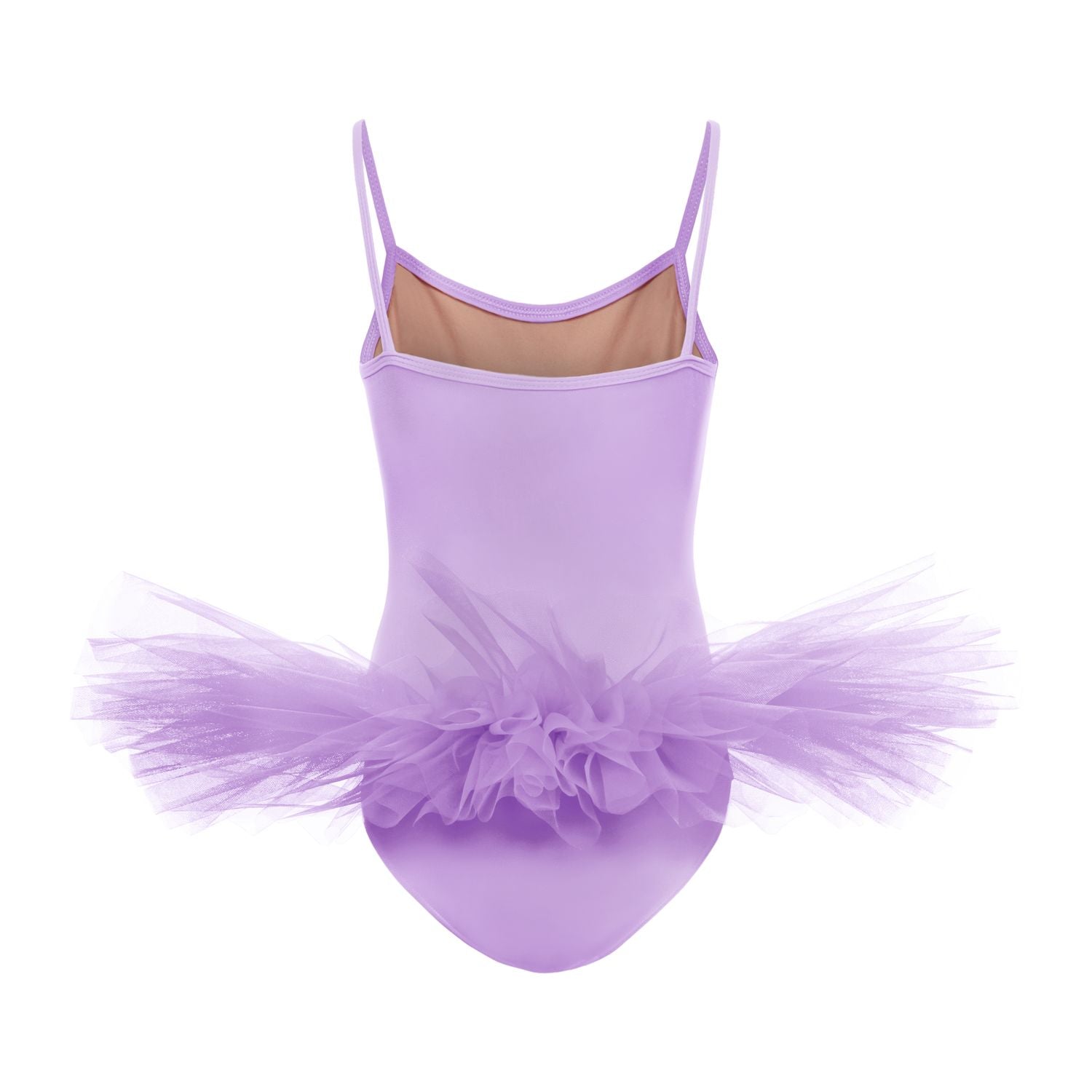 Rumpf's R3105 Tutu und Body in Lila mit Spaghettiträgern und mehrlagigem Tüllrock auf weißem Hintergrund.